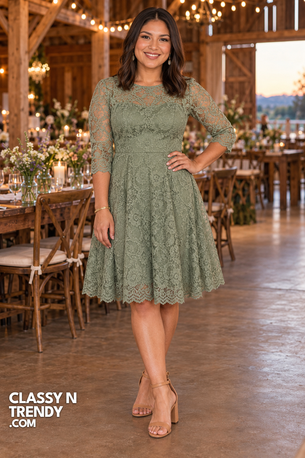 3. Sage Lace Dress With Three Quarter Sleeves