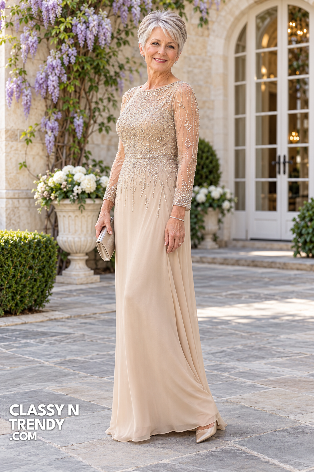 4. Champagne Beaded Column Gown