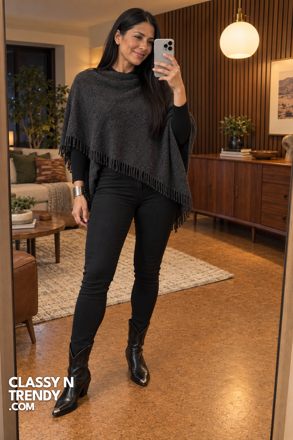 4. Charcoal Poncho and Black Jeans