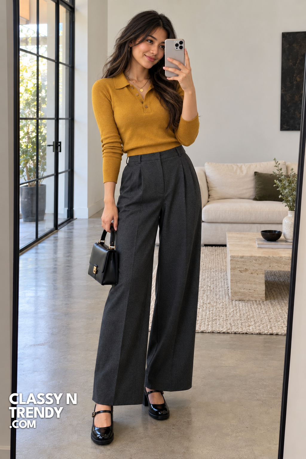 4. Wide-Leg Trousers and Knit Polo