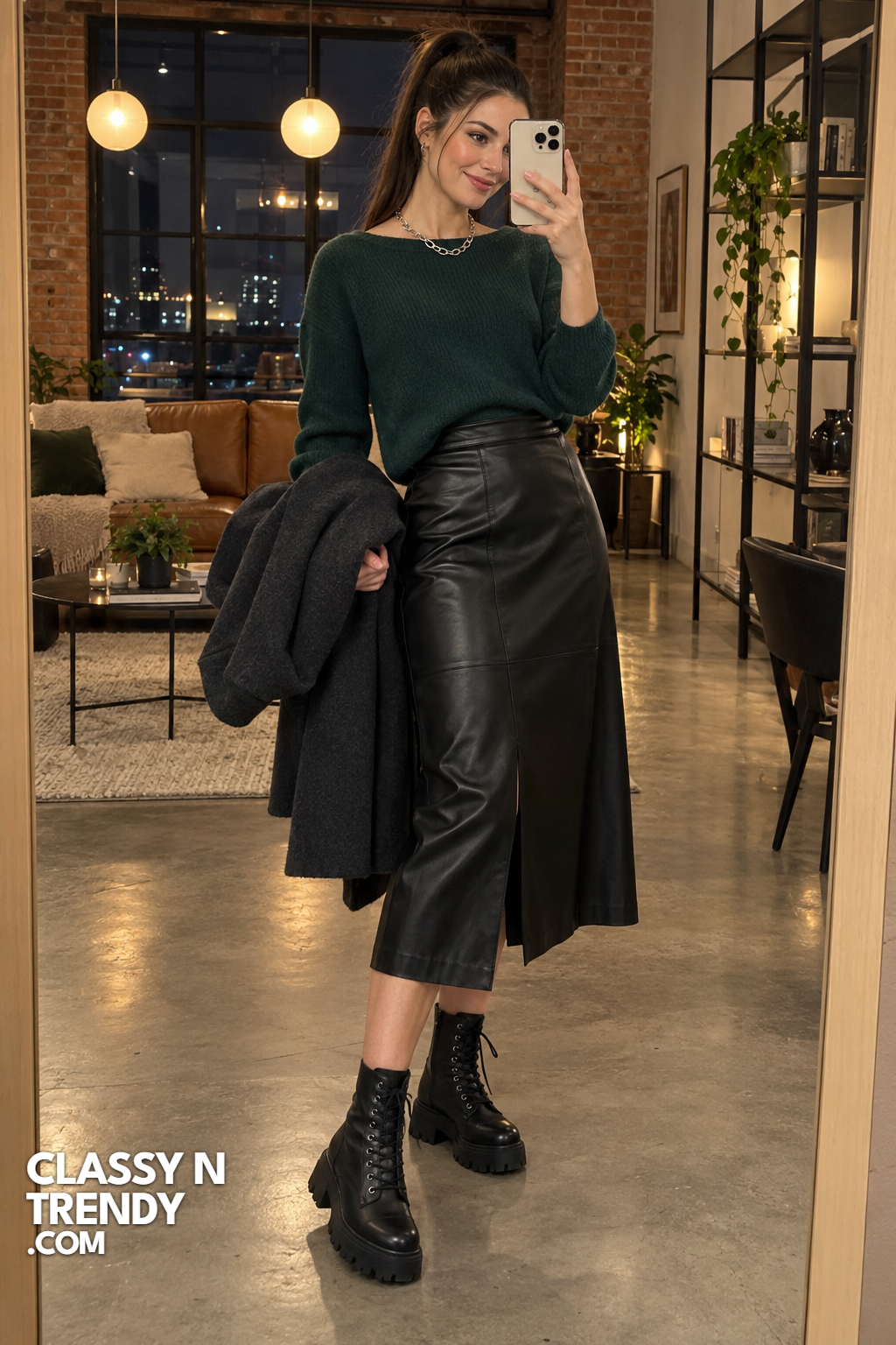 4. Chunky Lug Sole Boots with Leather Skirt