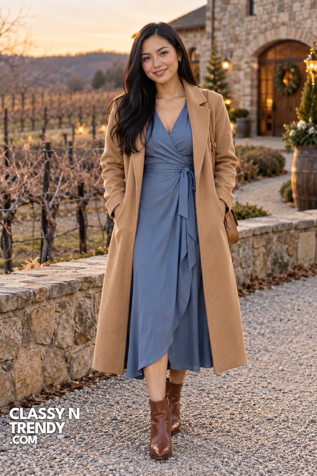 4. Dusty Blue Wrap Dress and Camel Coat