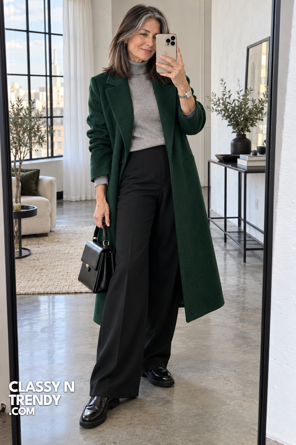 4. Forest Green Coat Over Gray Knit