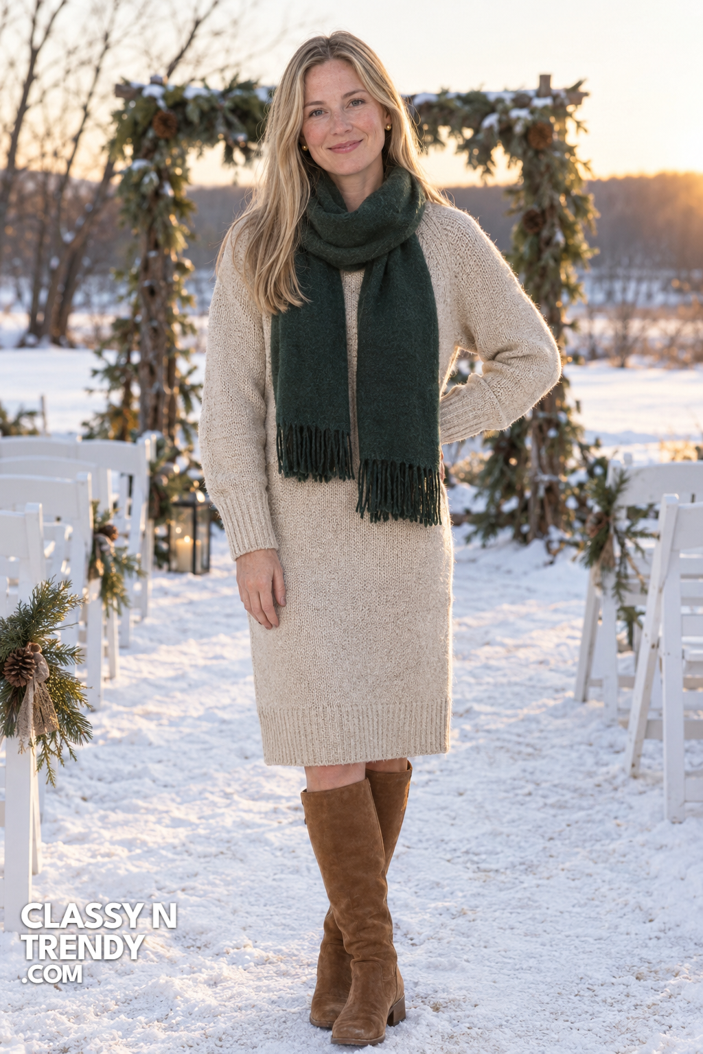 4. Oatmeal Sweater Dress With Suede Boots