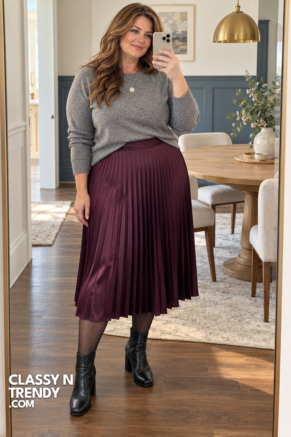4. Plum Pleated Skirt and Grey Knit