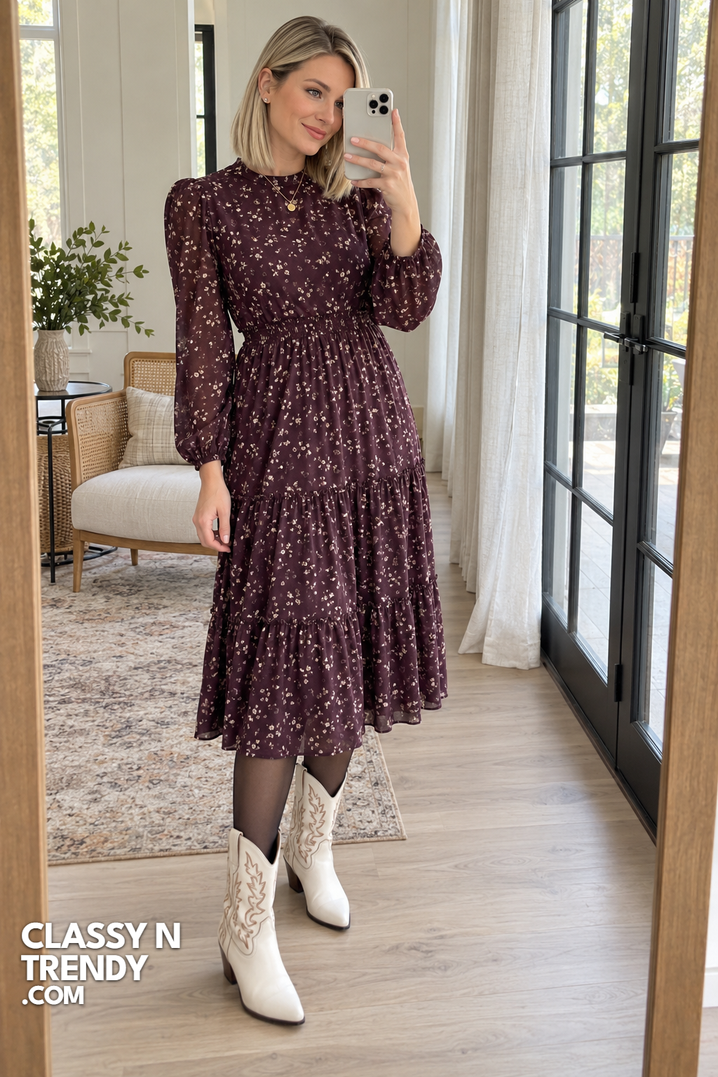4. White Boots with a Plum Prairie Dress
