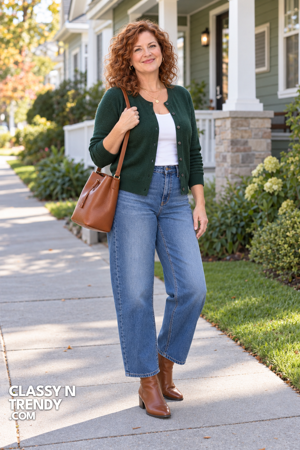 5. Barrel Jeans and Green Cardigan