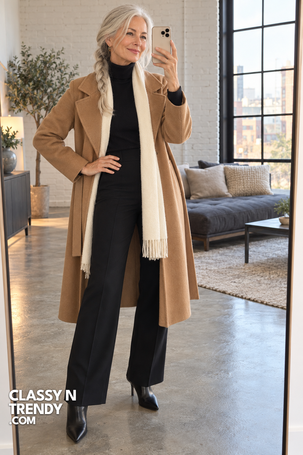 5. Camel Wrap Coat and Black Knit