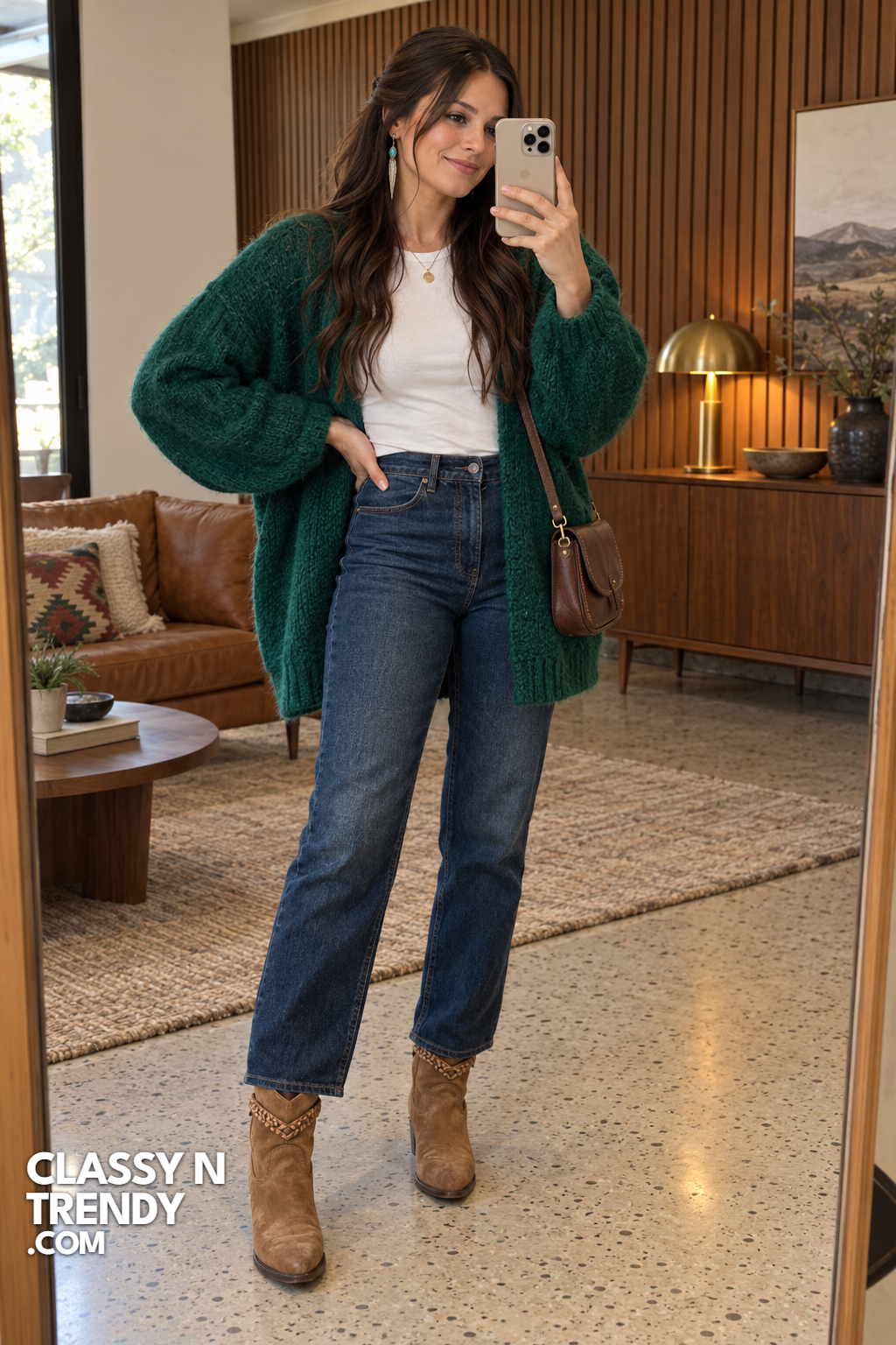 5. Emerald Cardigan and Straight Jeans
