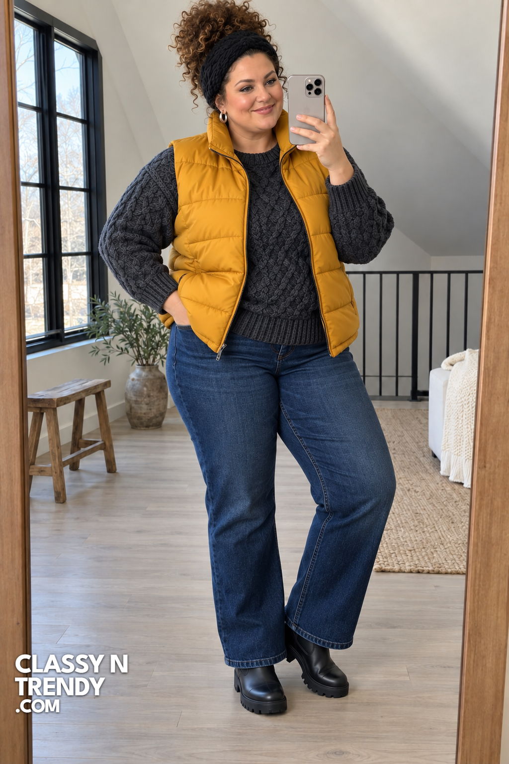 5. Mustard Puffer Vest and Chunky Knit