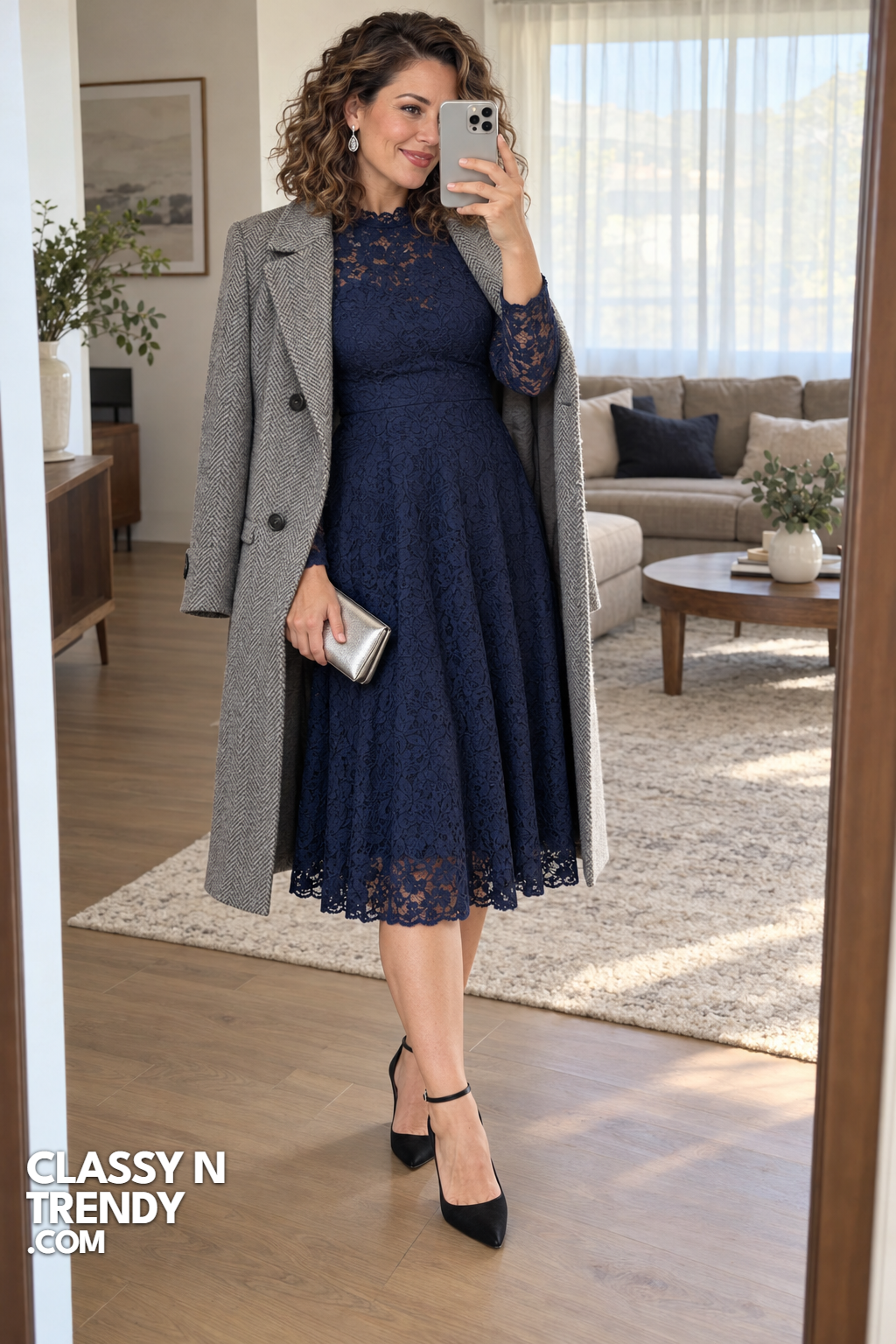 5. Navy Lace Dress with a Herringbone Coat