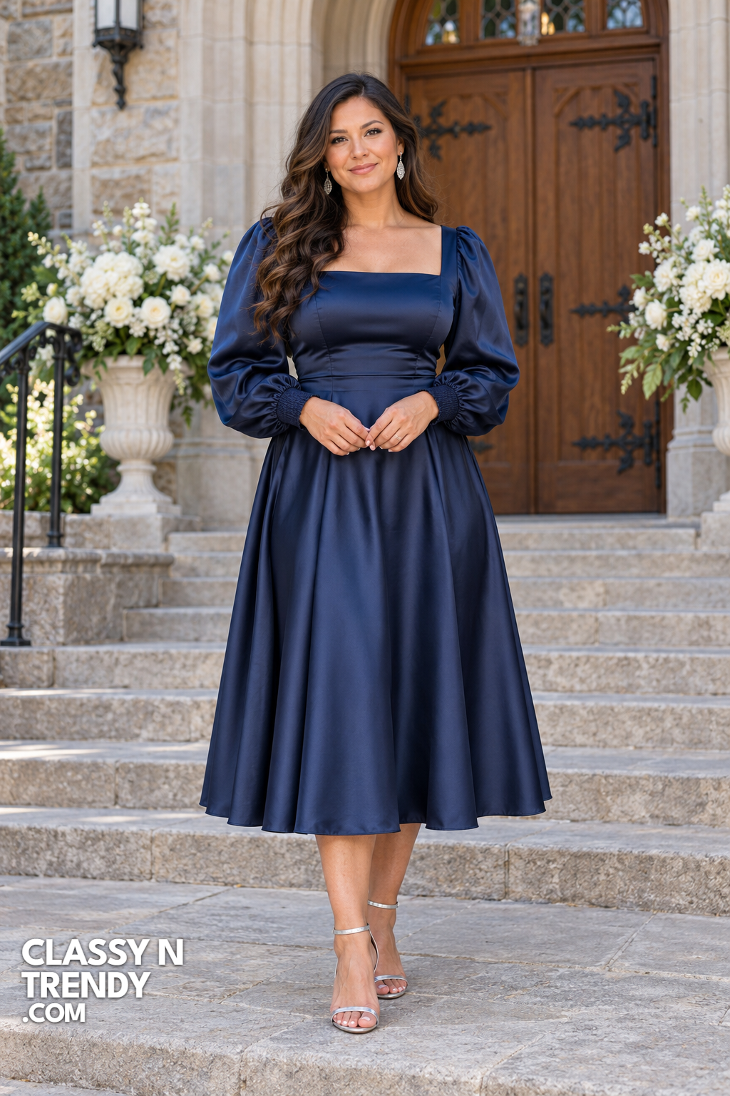 5. Navy Satin Puff Sleeve Midi Dress