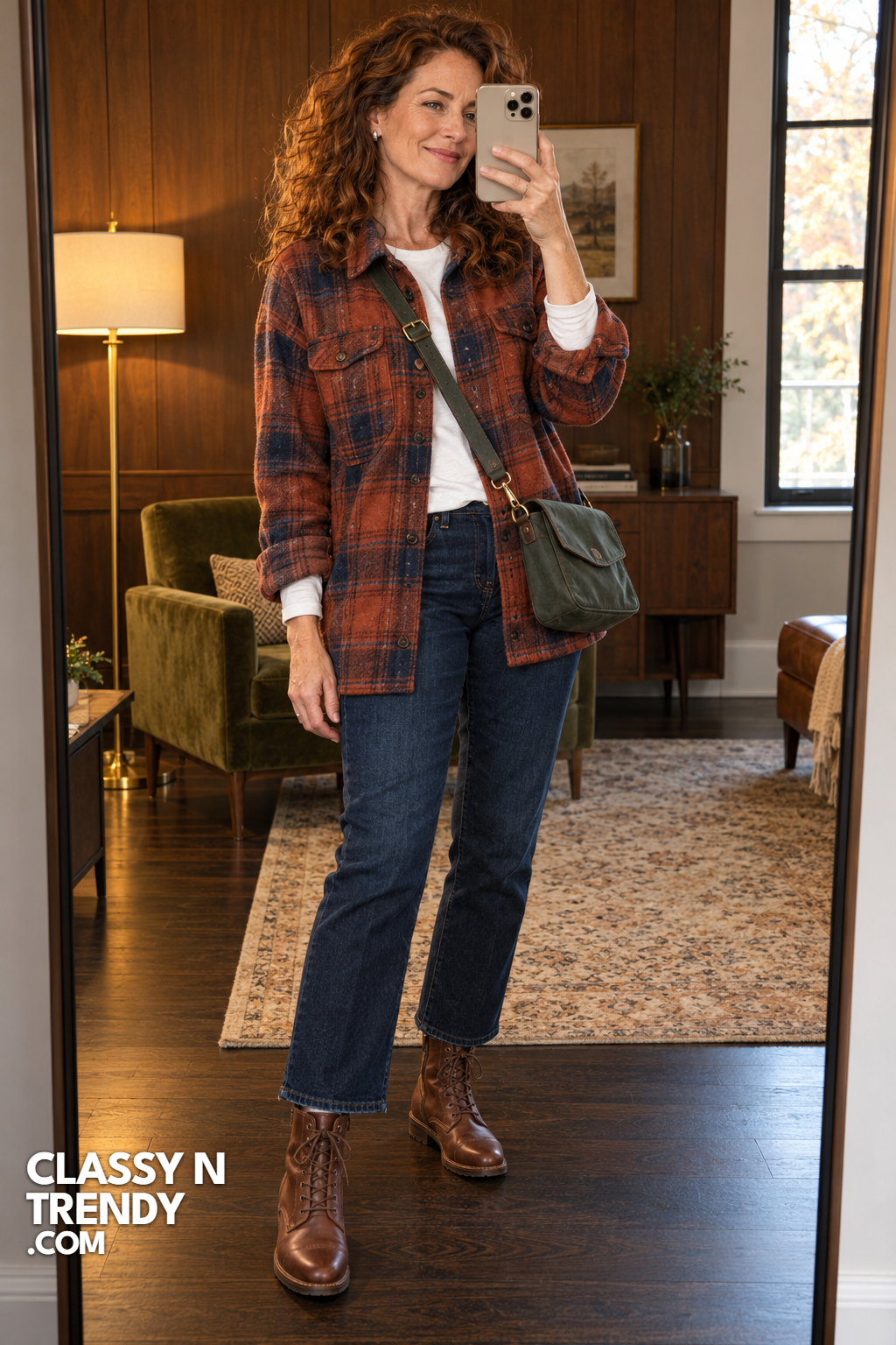 5. Rust Plaid Shirt Jacket and Boots