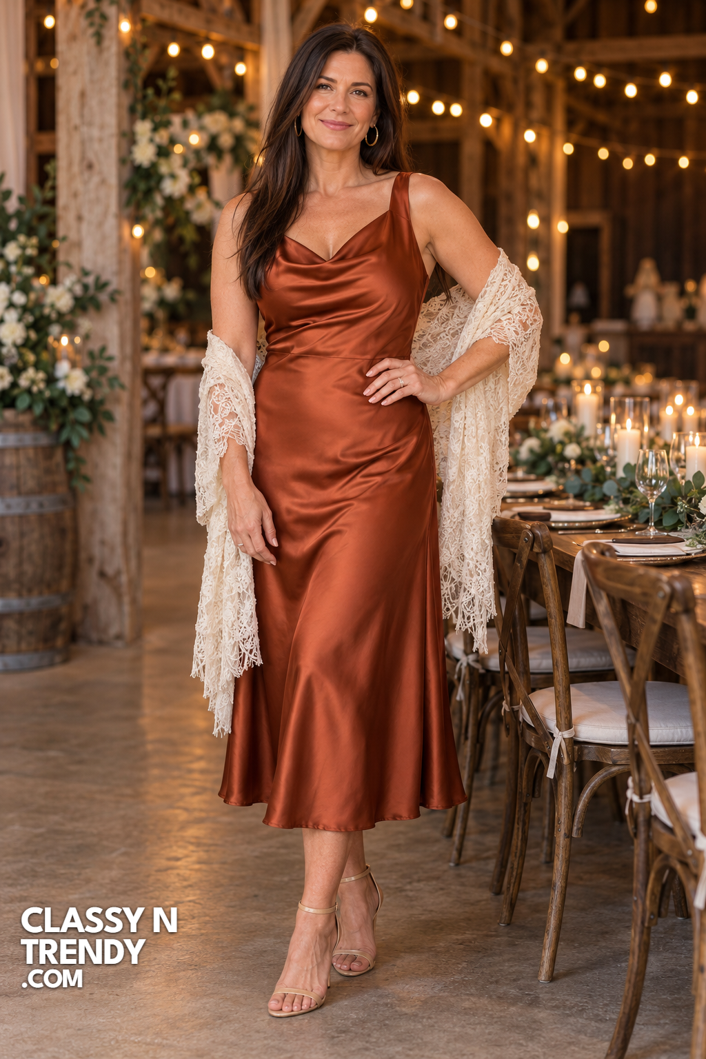 5. Rust Satin Midi With Lace Shawl