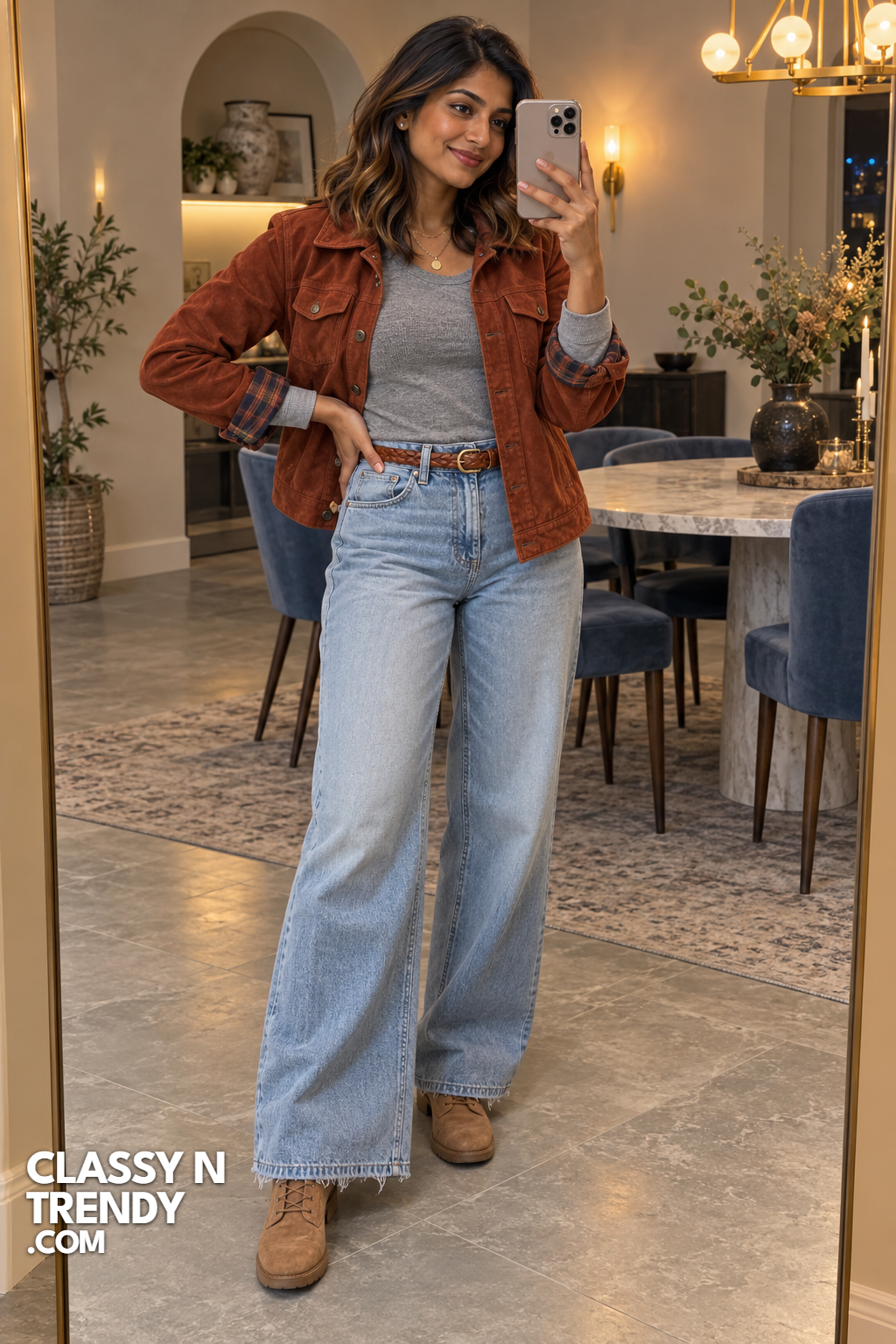 5. Rust Suede Jacket and Wide Jeans