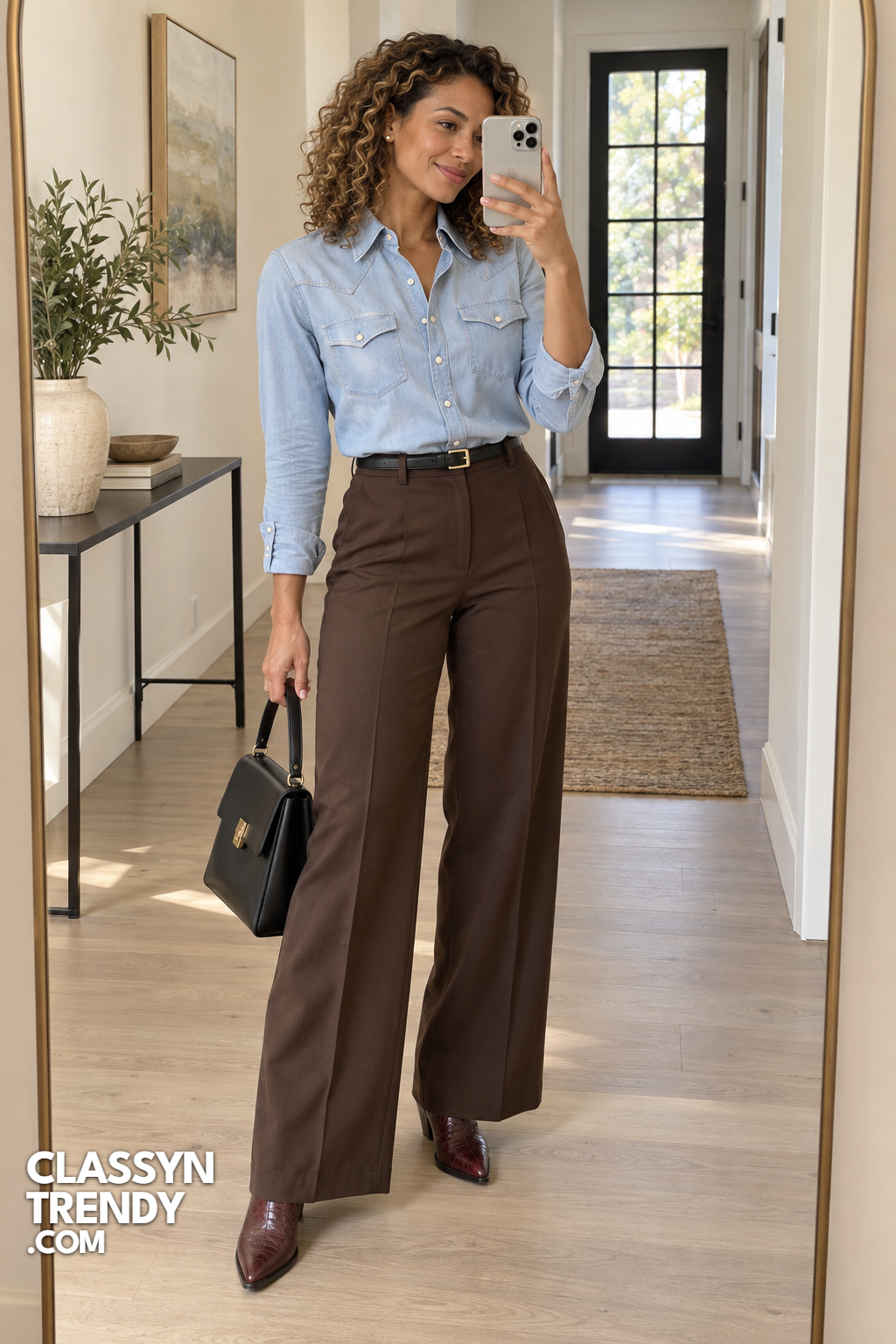 5. Wide Leg Trousers and Snap Shirt