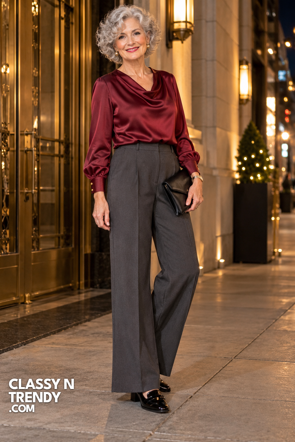 5. Wine Satin Blouse and Charcoal Trousers