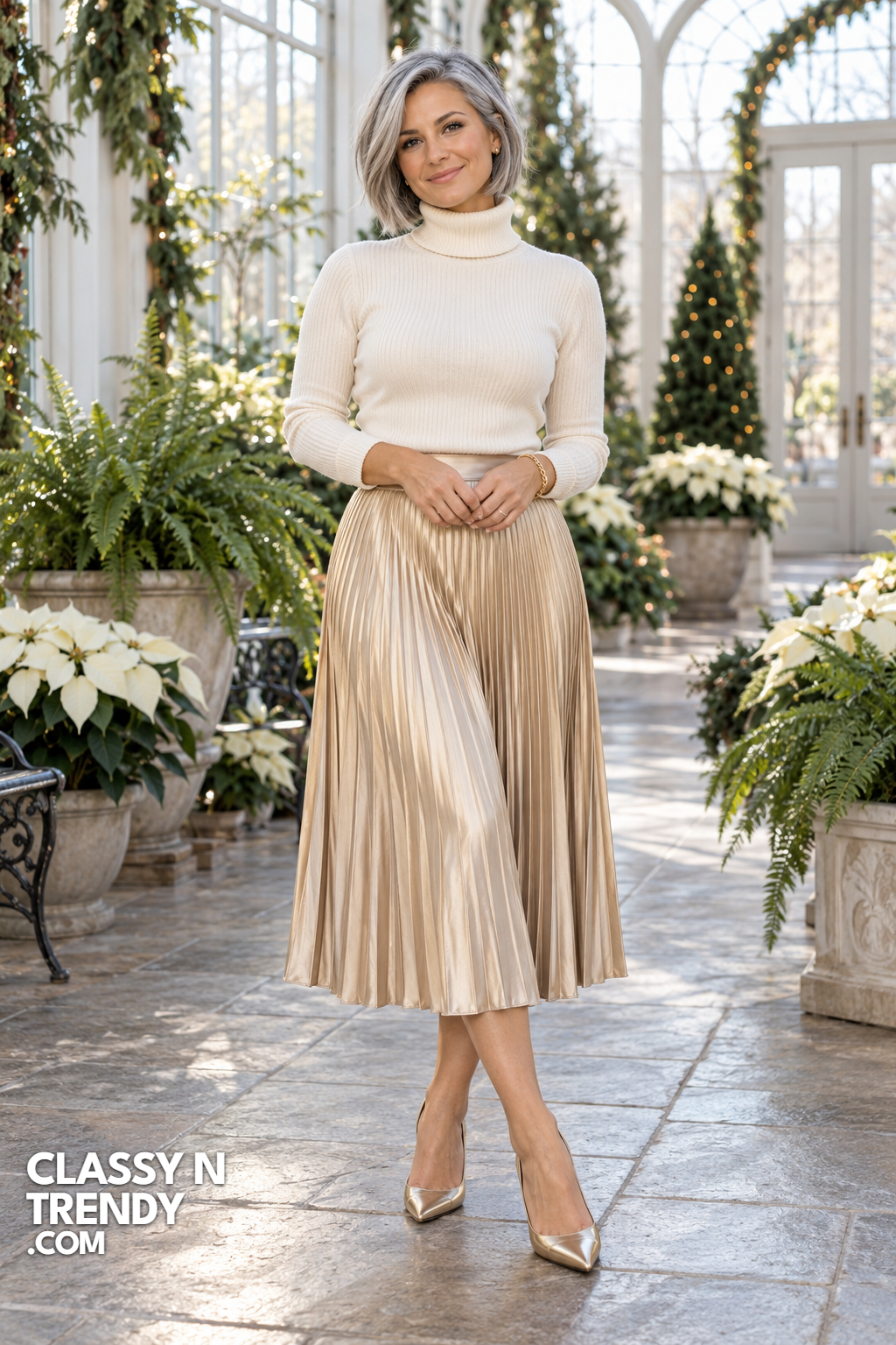6. Champagne Pleats and an Ivory Turtleneck