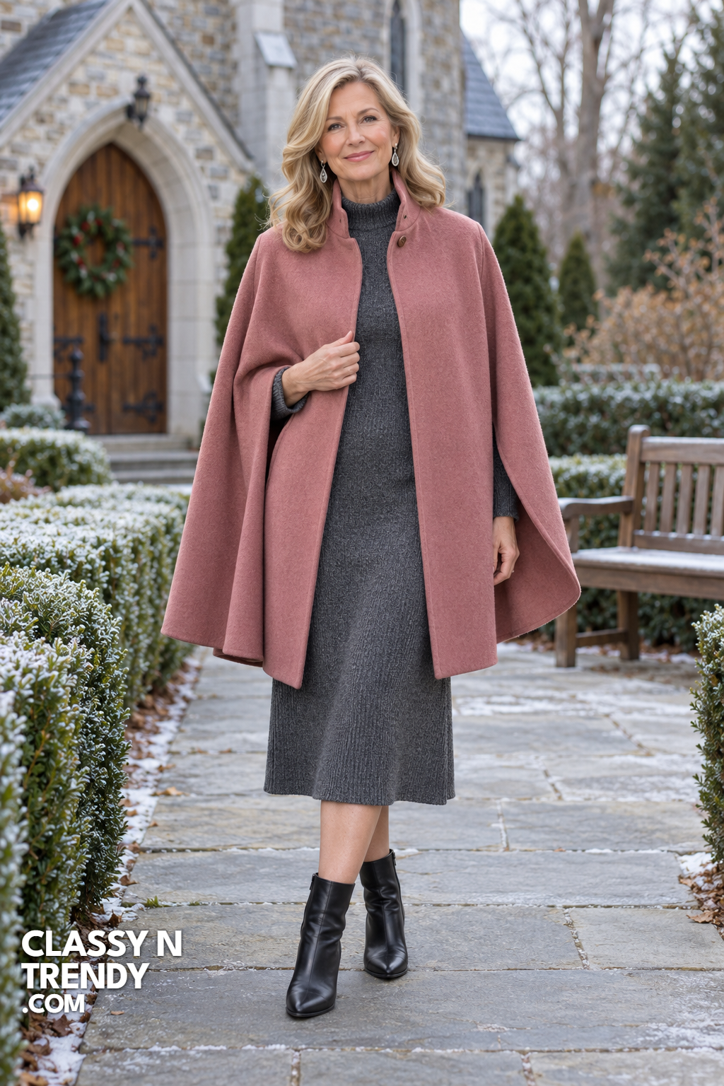 6. Dusty Rose Cape Coat With Gray Dress