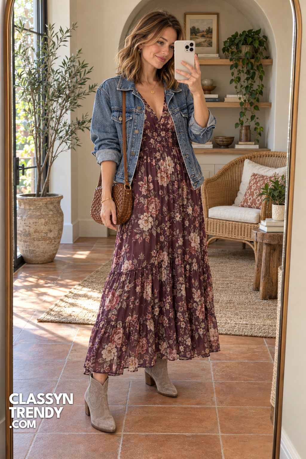 6. Floral Maxi Dress and Denim Jacket