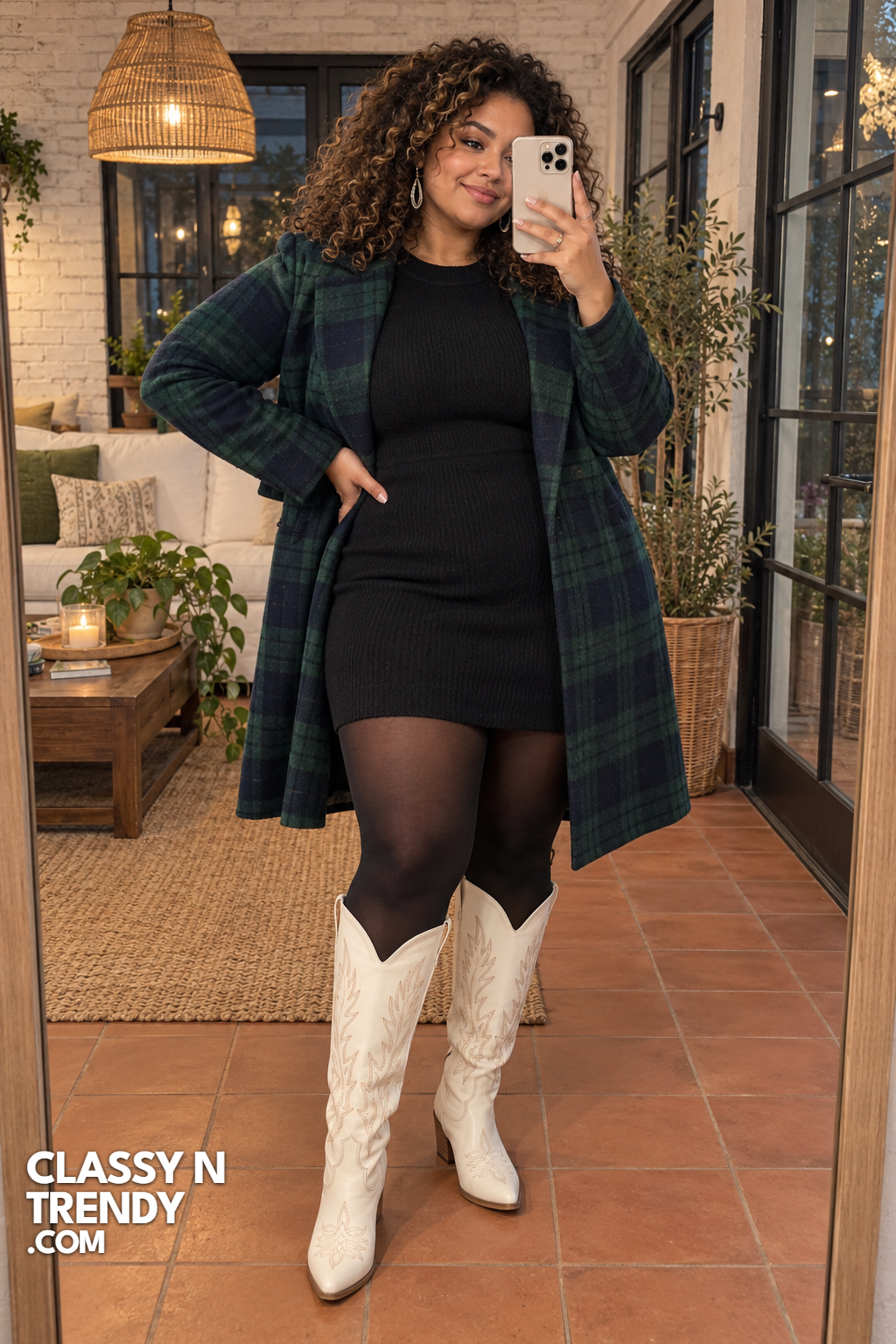 6. Green Plaid Coat and Knit Dress