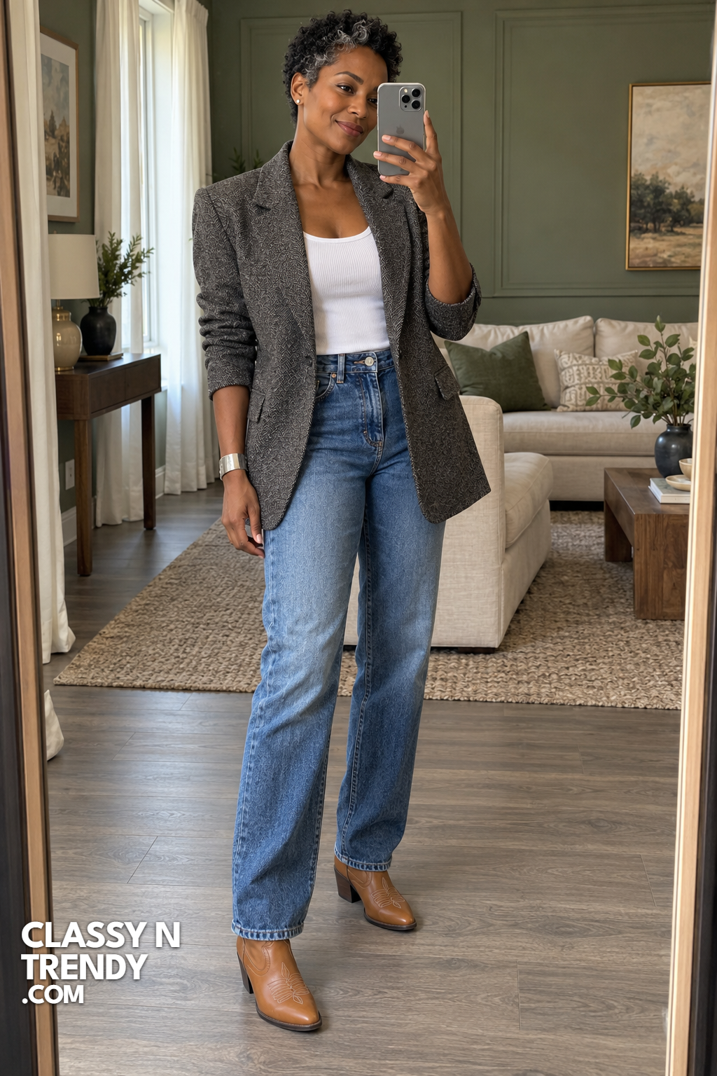 6. Herringbone Blazer and Jeans