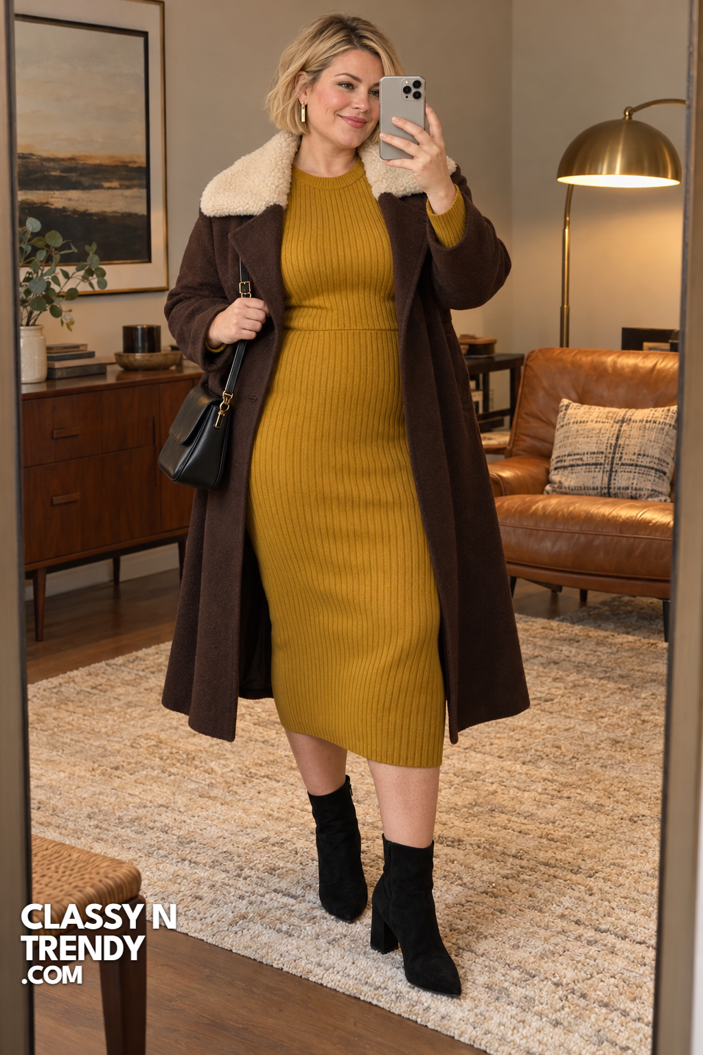 6. Mustard Knit Dress and Shearling Collar Coat