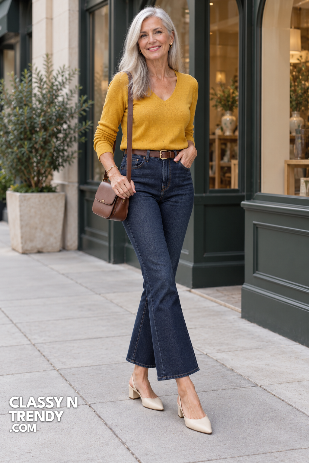 6. Mustard Sweater and Flare Jeans