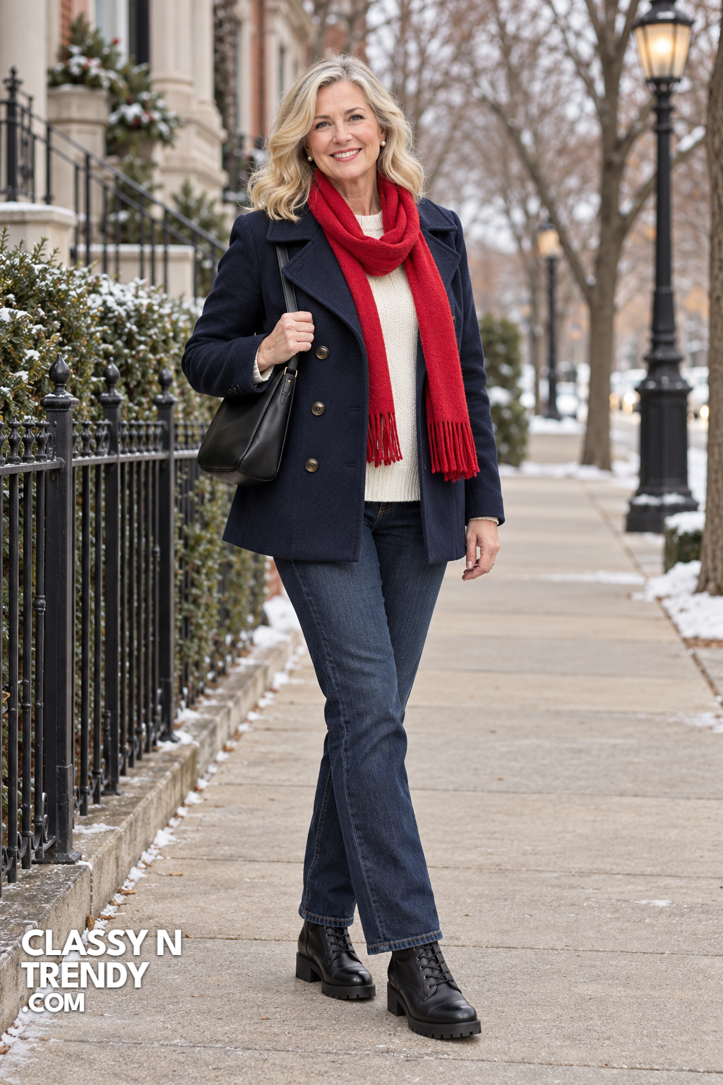 6. Navy Peacoat with Red Scarf