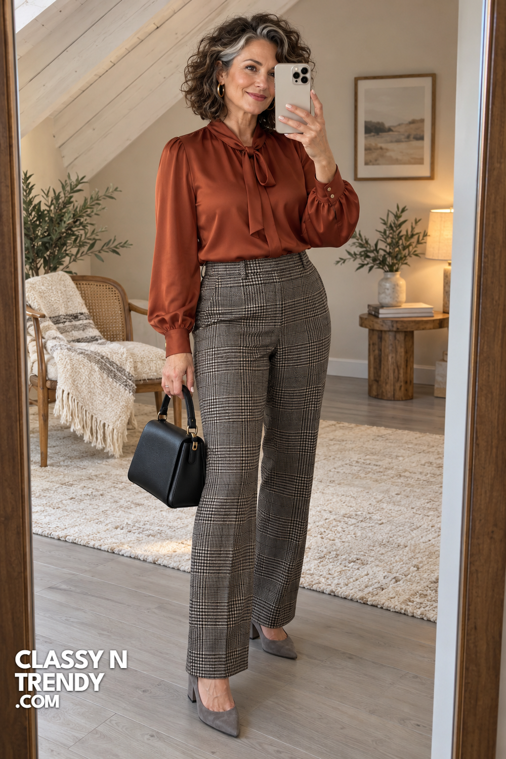 6. Rust Blouse and Plaid Trousers