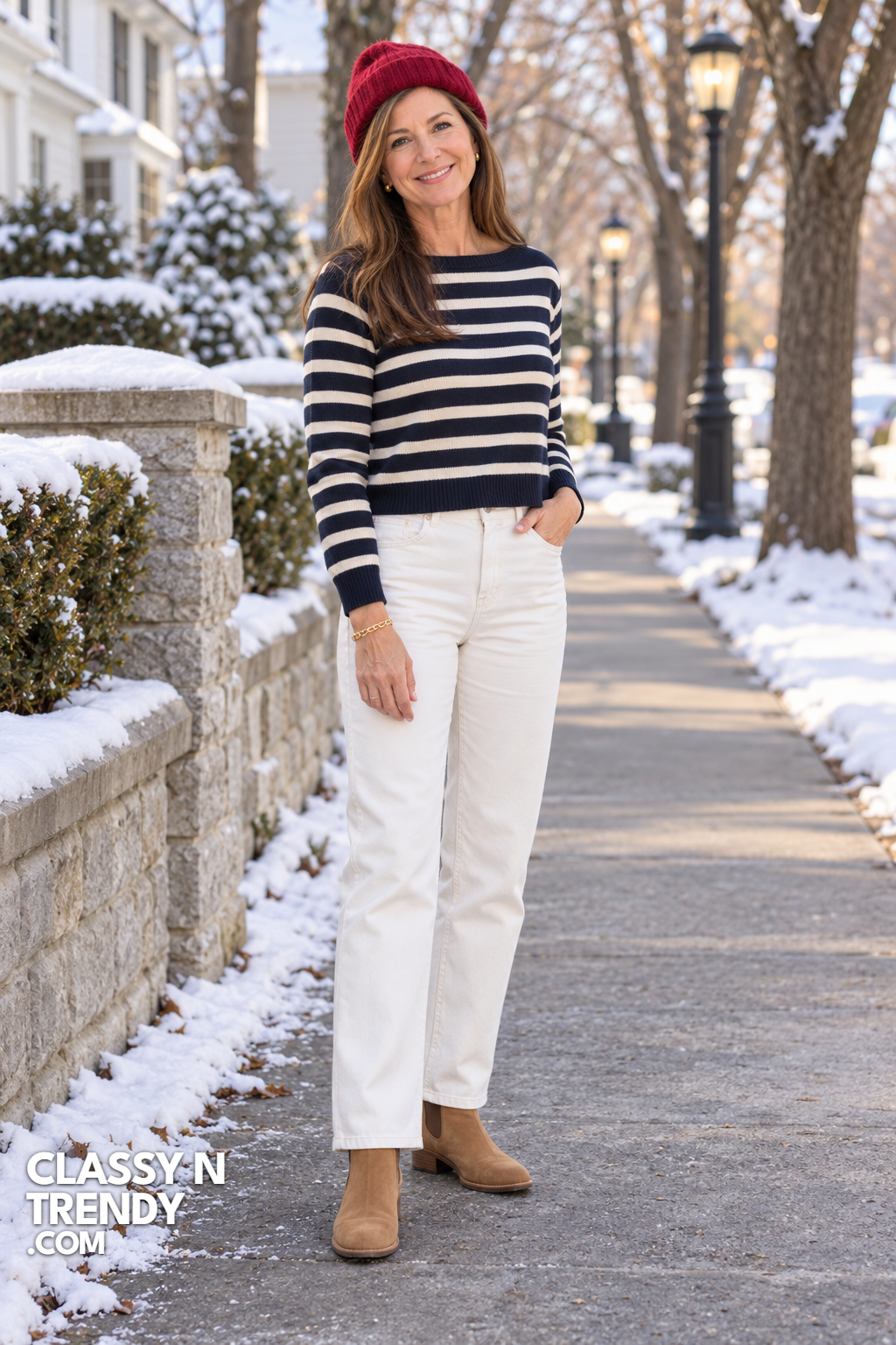 6. Striped Boatneck with White Jeans