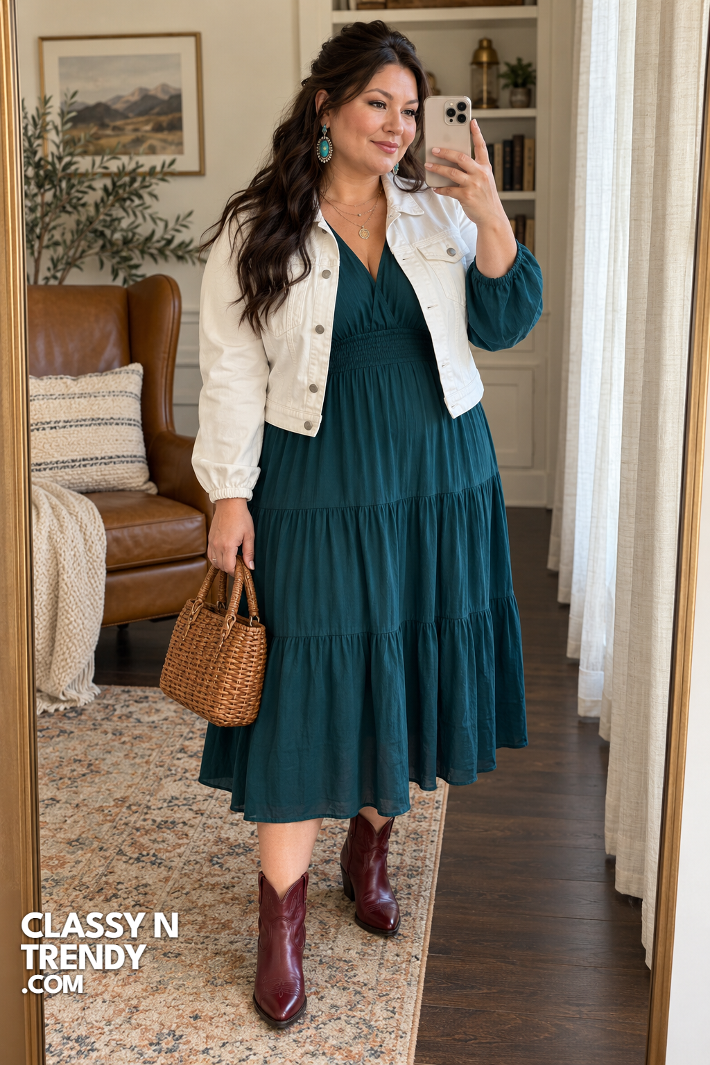 6. Teal Midi Dress and White Jacket