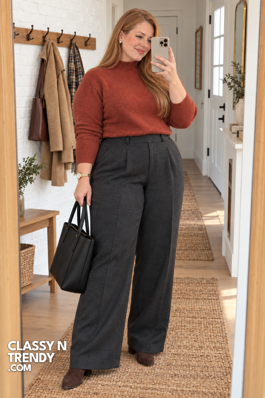 6. Wide Leg Trousers and Terracotta Knit