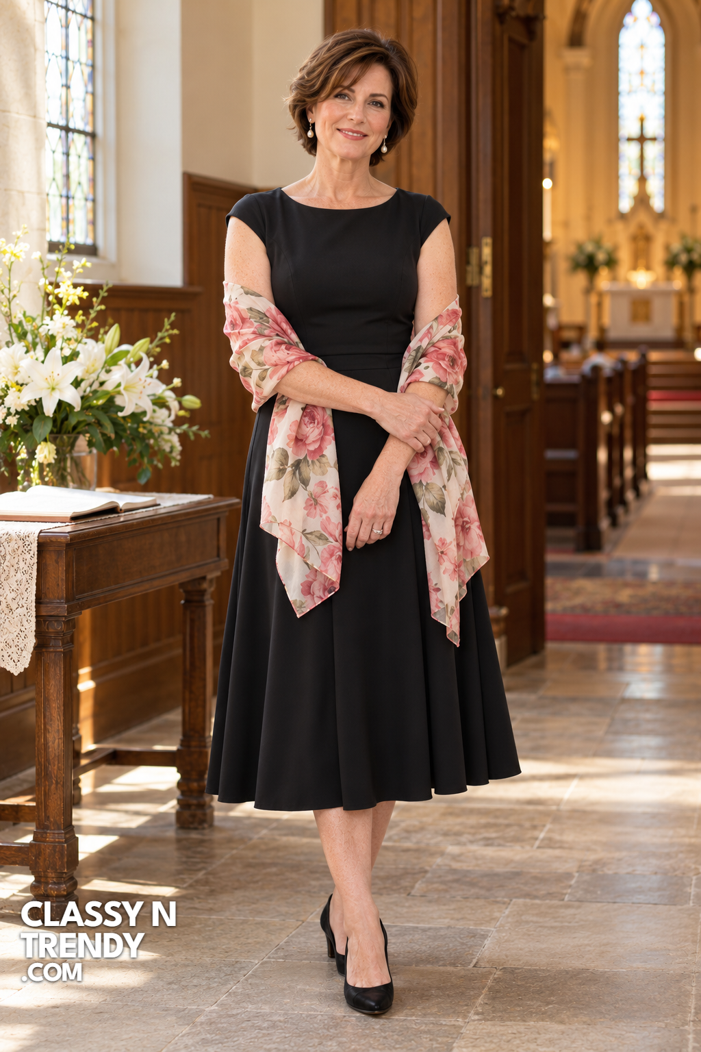 7. Black Tea Length Dress With Floral Scarf