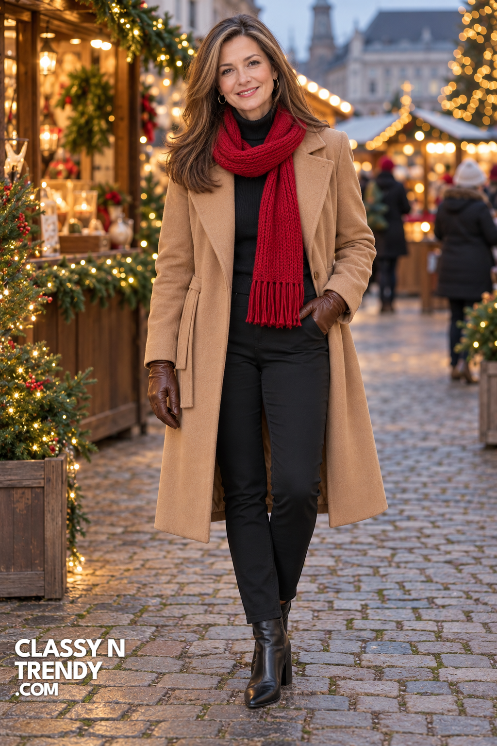 7. Camel Coat Over Red Scarf
