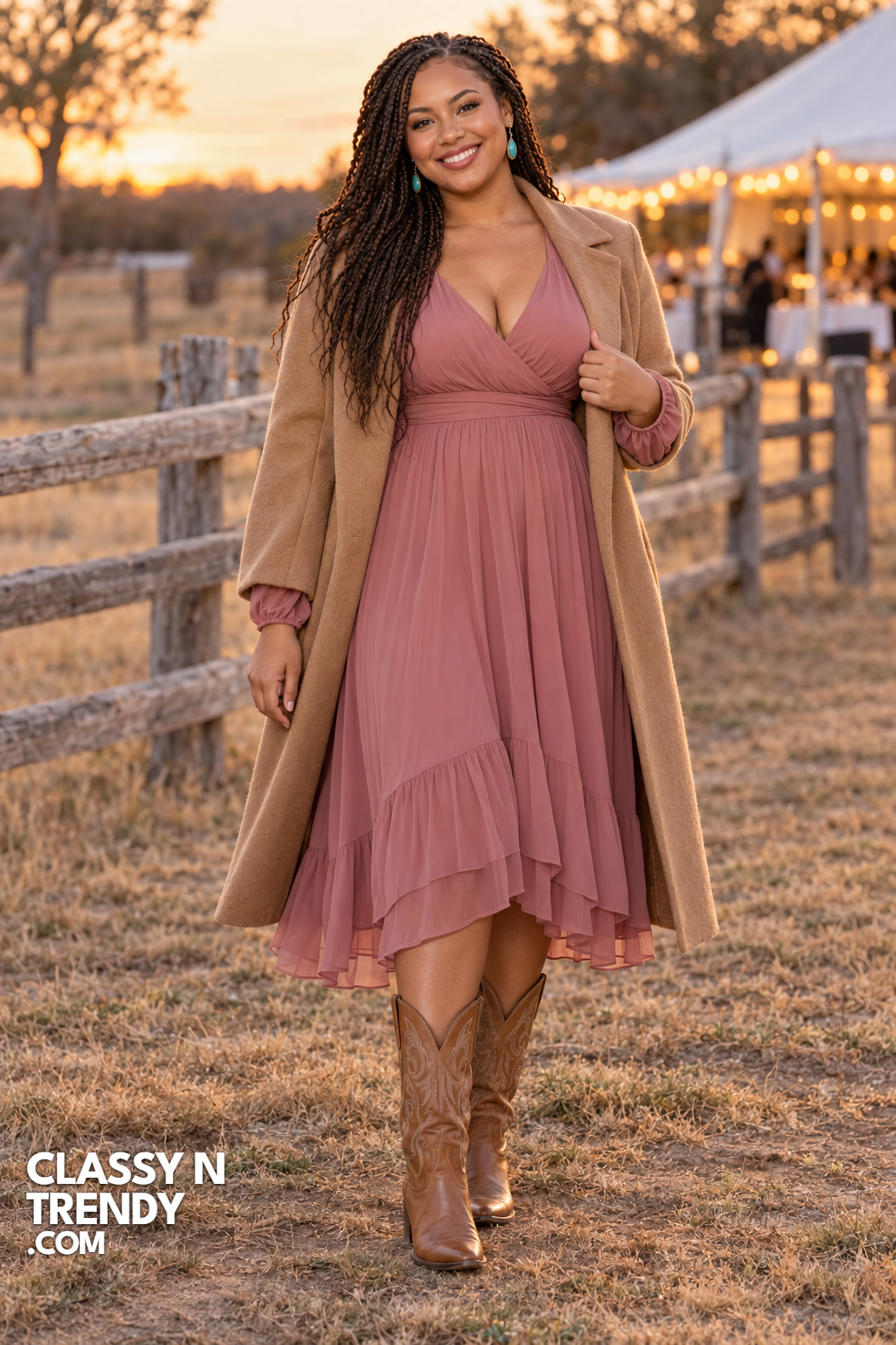 7. Dusty Rose Dress With Cowboy Boots