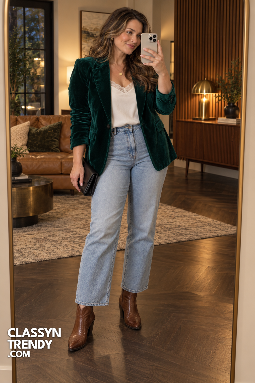 7. Emerald Velvet Blazer and Jeans