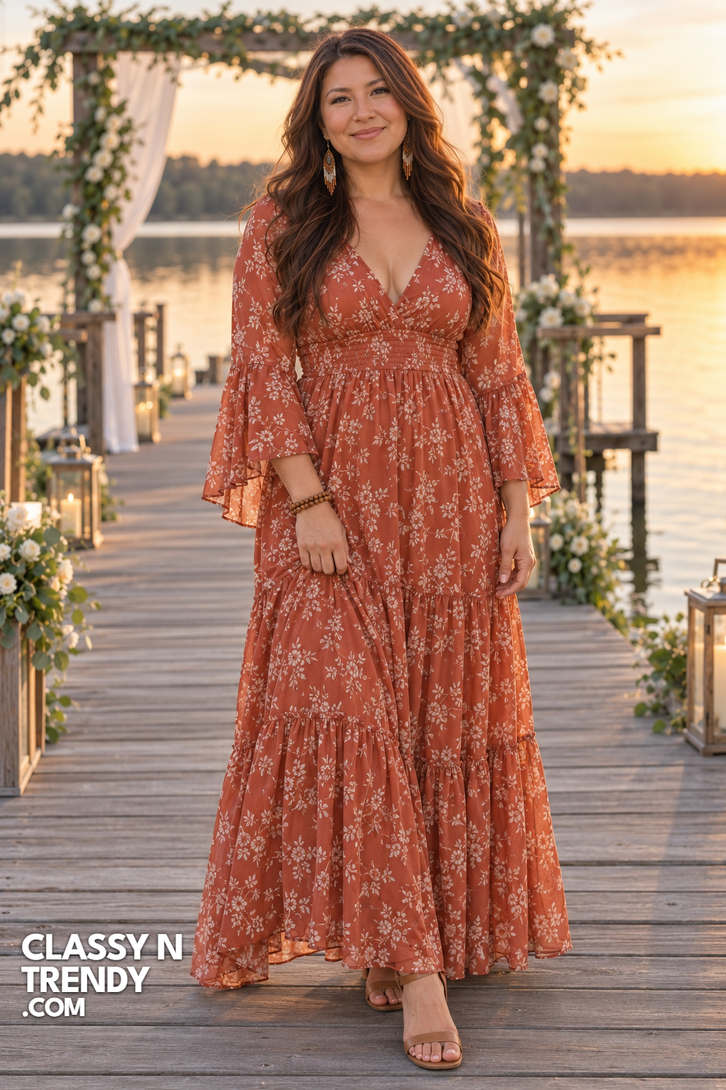 7. Terracotta Floral Bell Sleeve Maxi