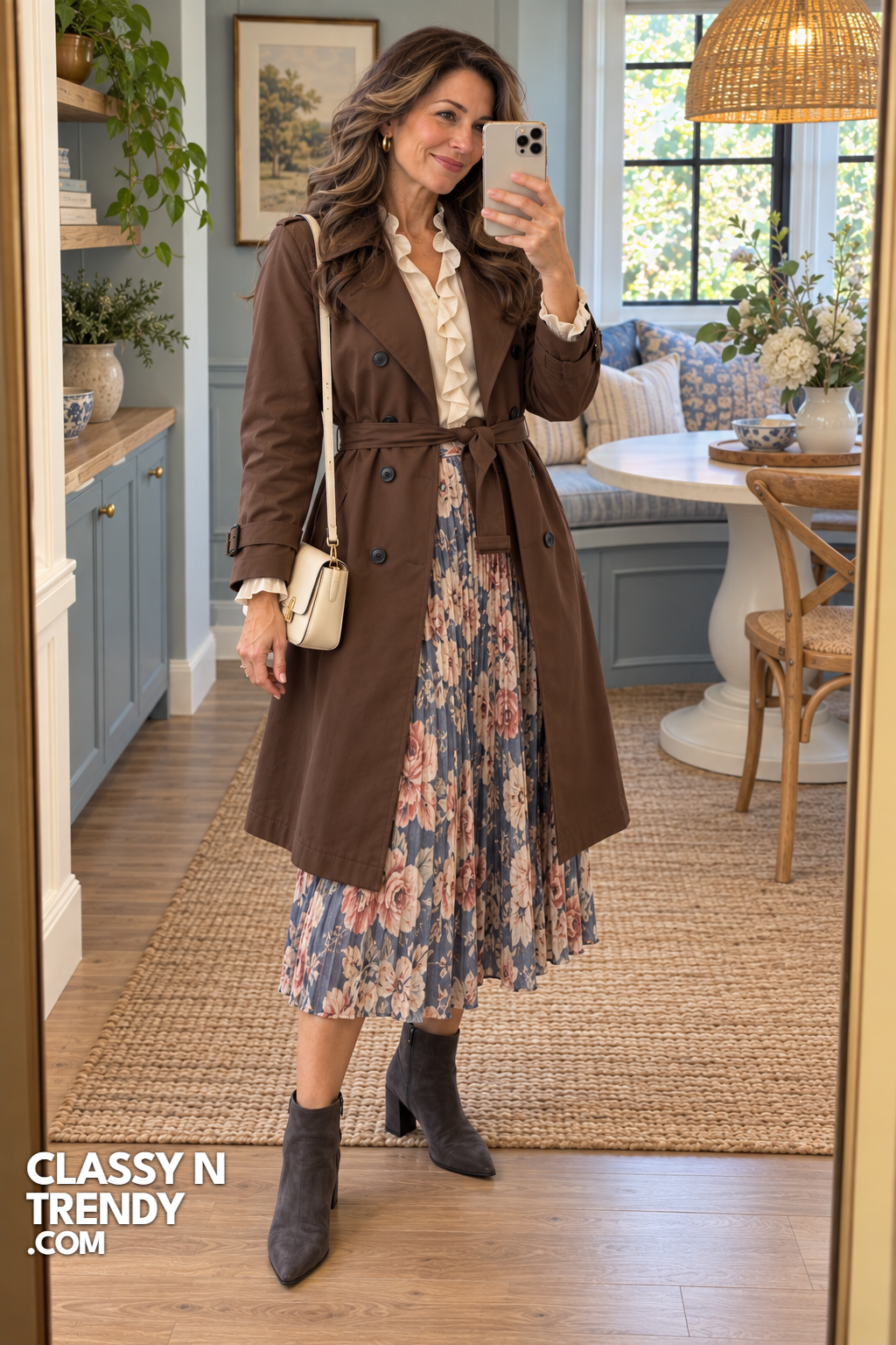 8. Chocolate Trench With Floral Midi Skirt