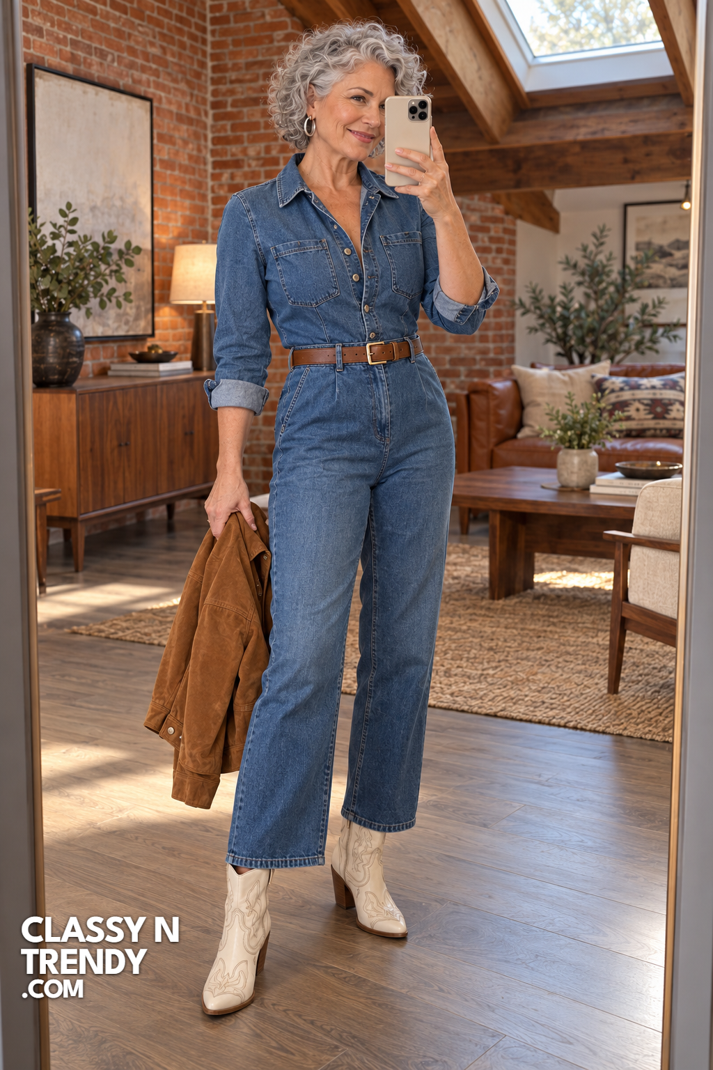 8. Denim Jumpsuit and Suede Jacket