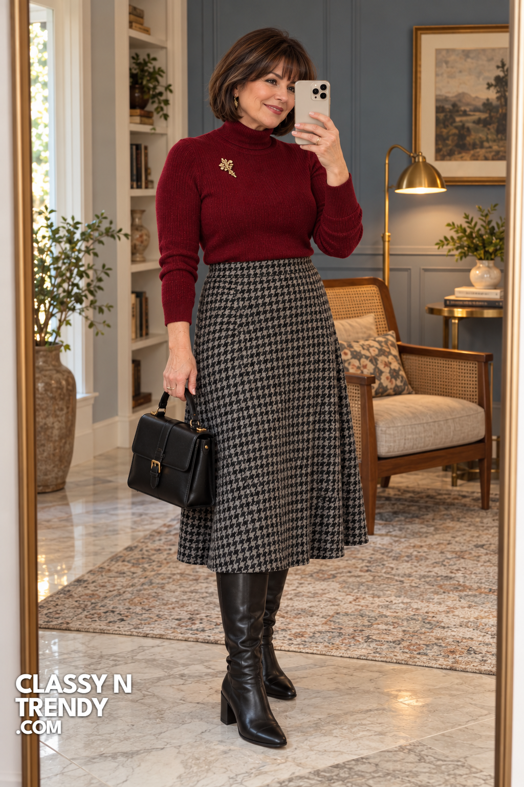 8. Houndstooth Midi Skirt and Tall Boots