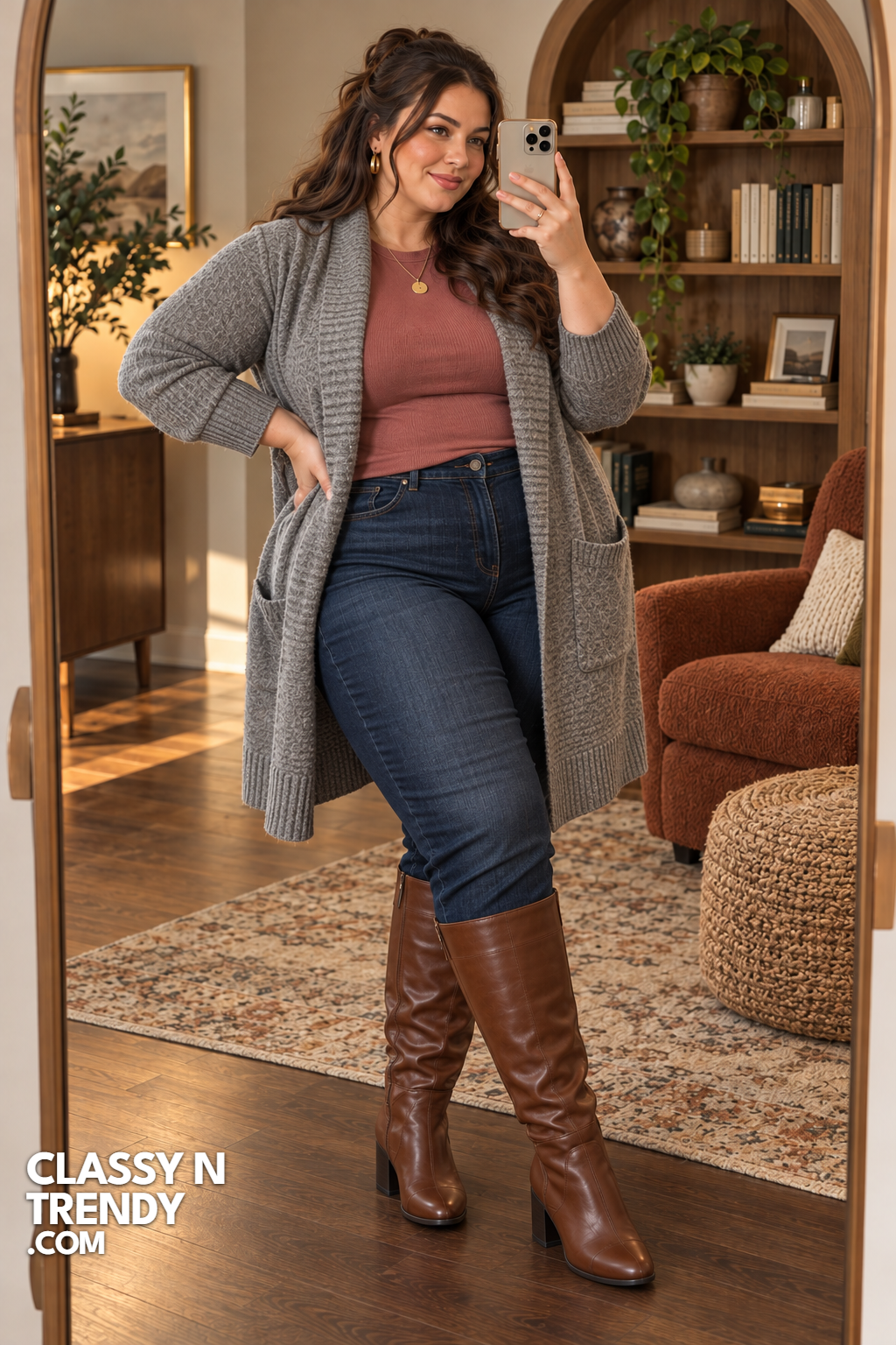 8. Long Gray Cardigan and Dark Jeans