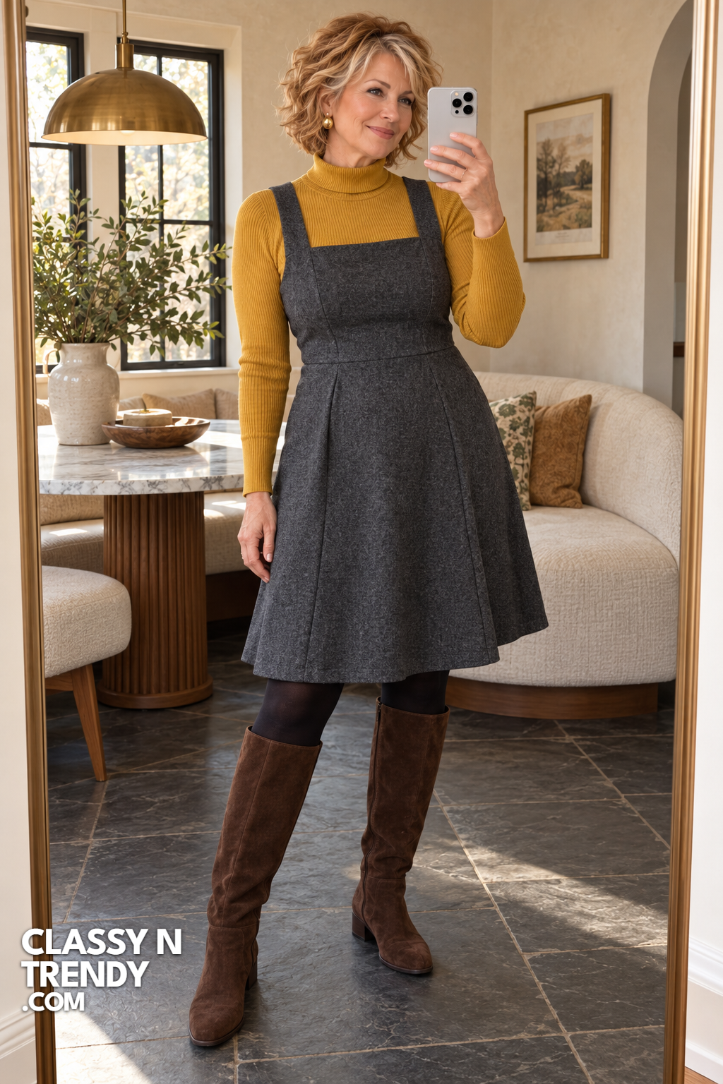 8. Mustard Turtleneck and Grey Pinafore