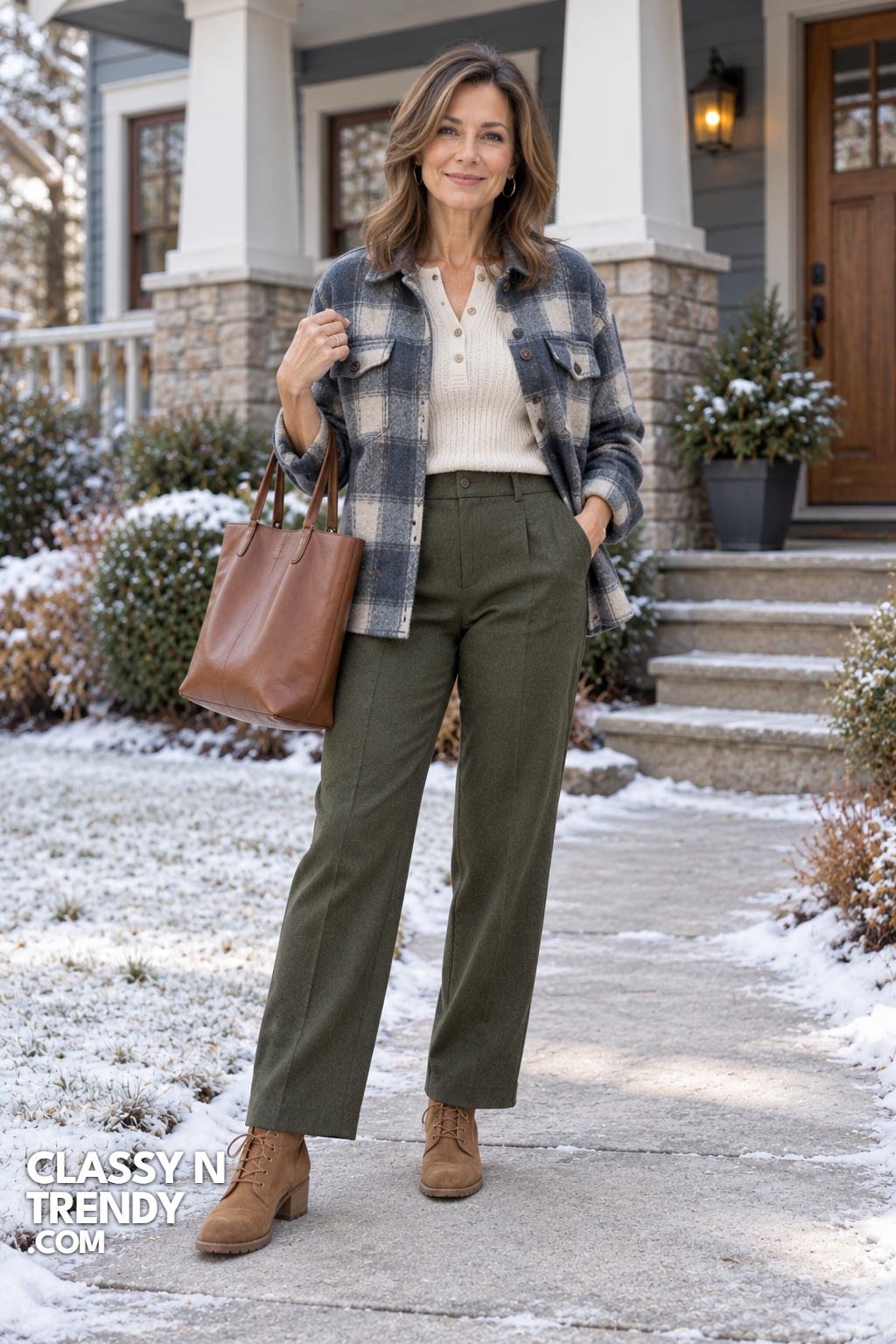 8. Plaid Wool Shacket and Olive Trousers