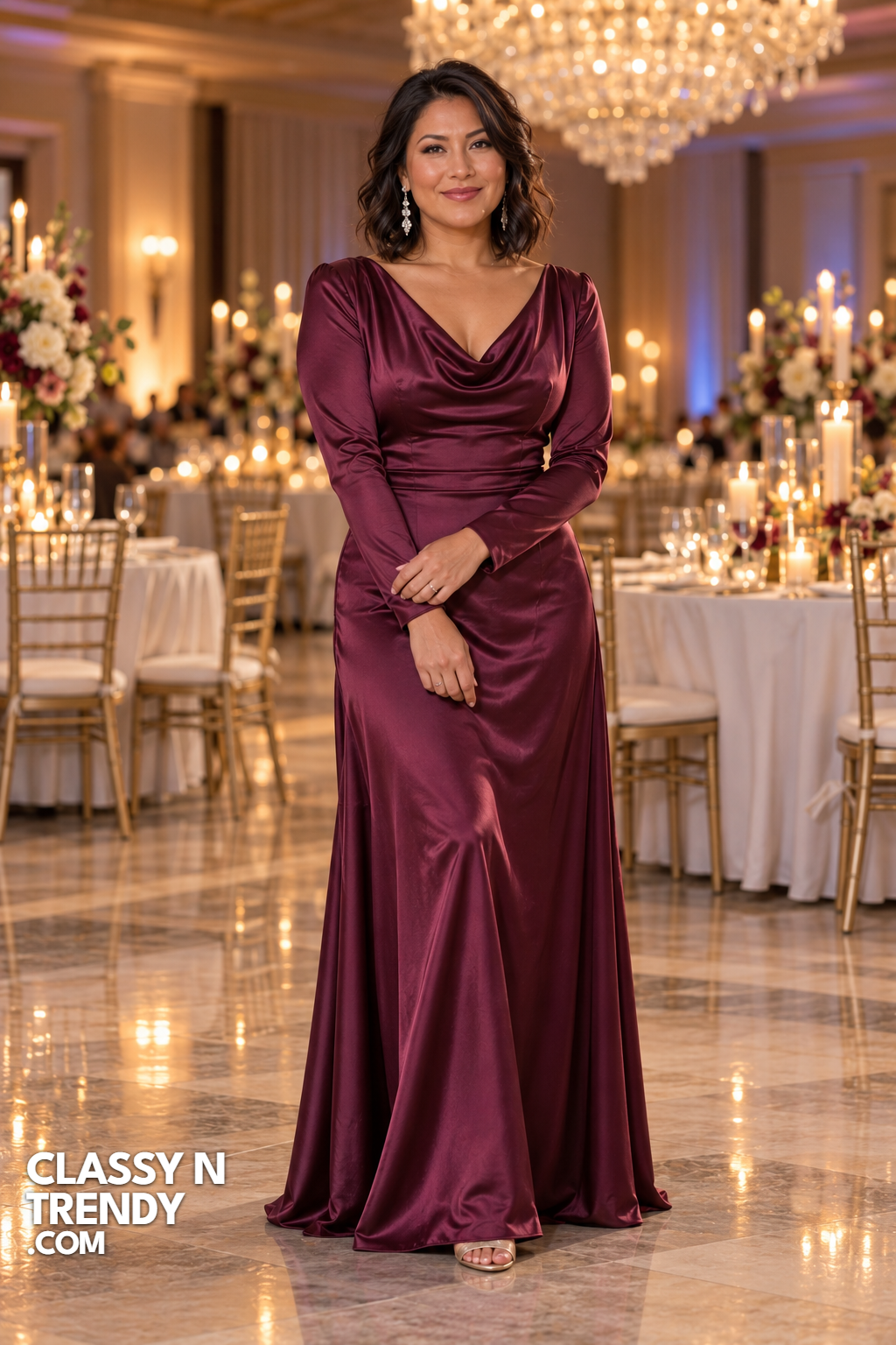 8. Plum Satin Cowl Neck Evening Gown