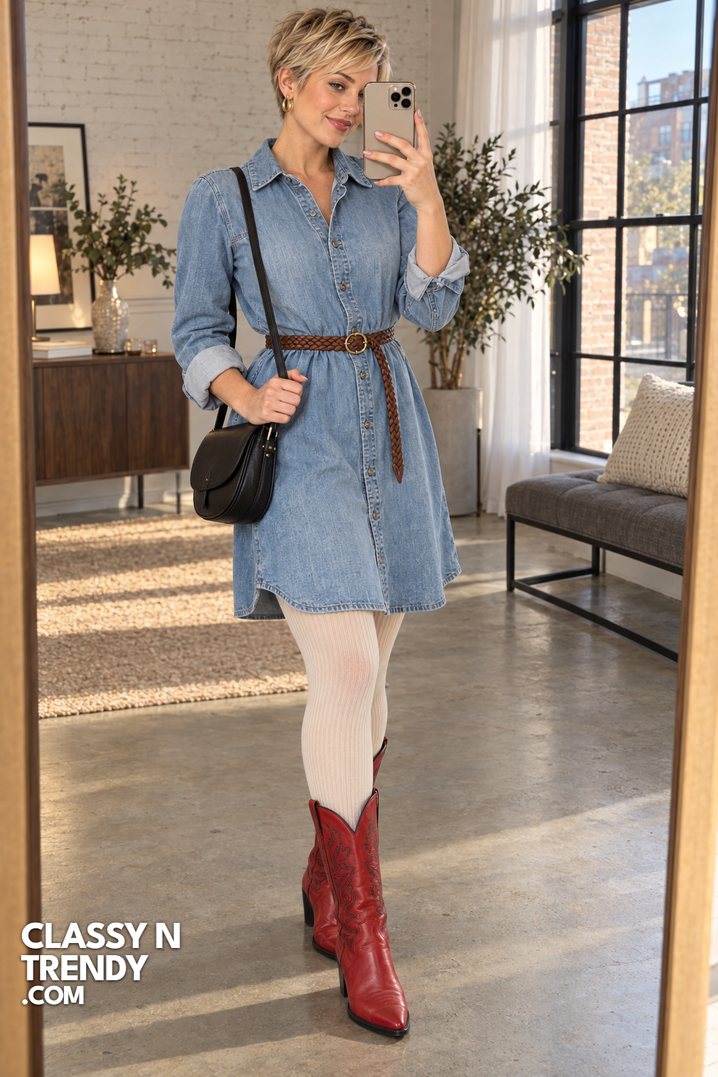8. Red Boots with a Denim Shirt Dress