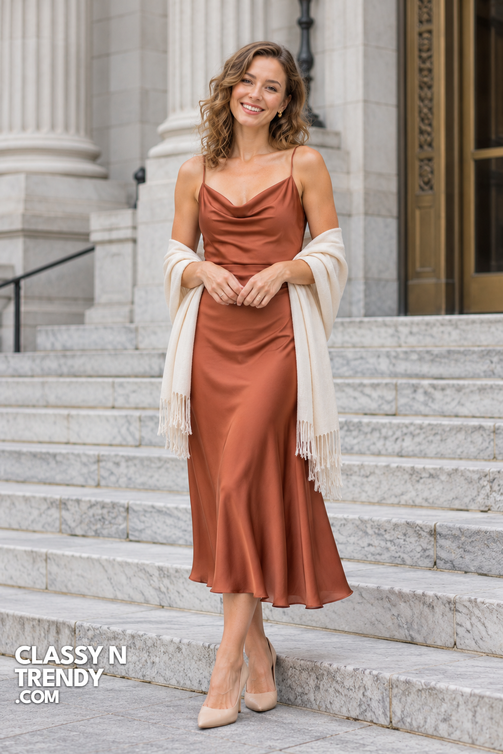 8. Terracotta Cowl Neck Midi With Cream Shawl