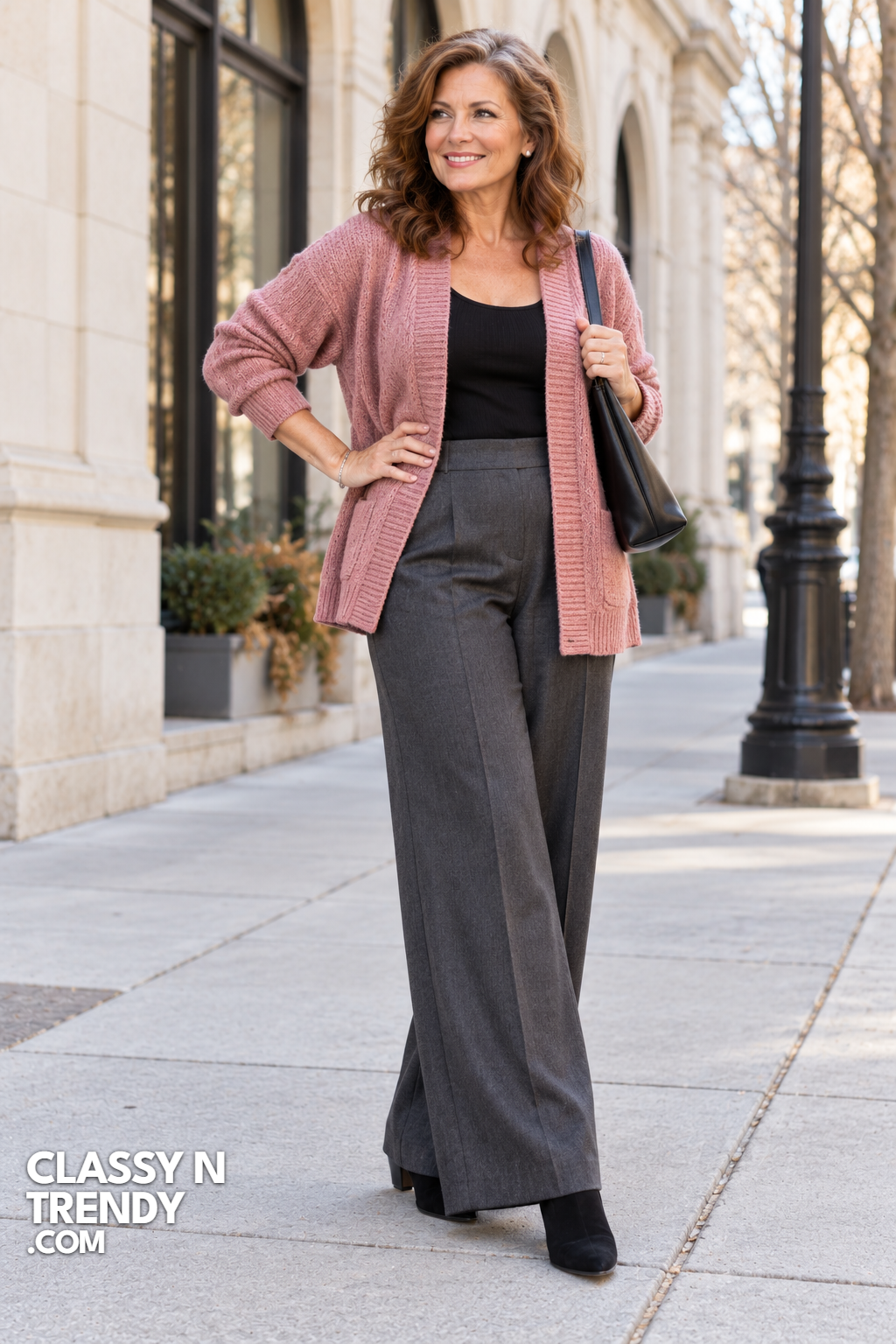 9. Charcoal Trousers with Rose Cardigan