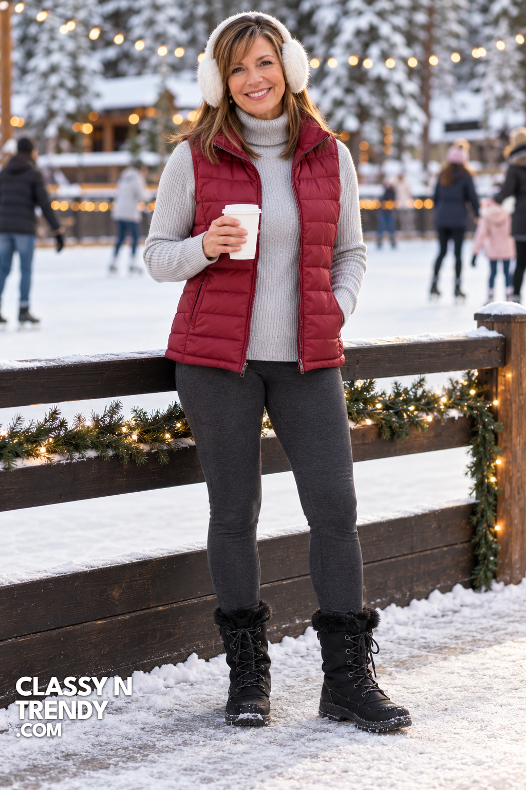 9. Cranberry Puffer Vest Over Turtleneck