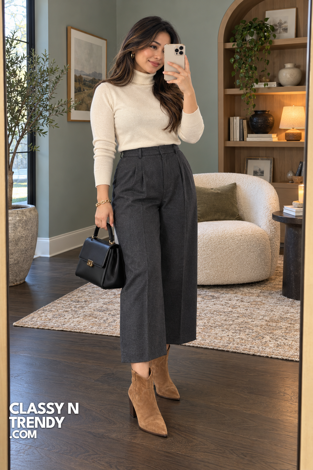 9. Cropped Charcoal Trousers with Cream Turtleneck
